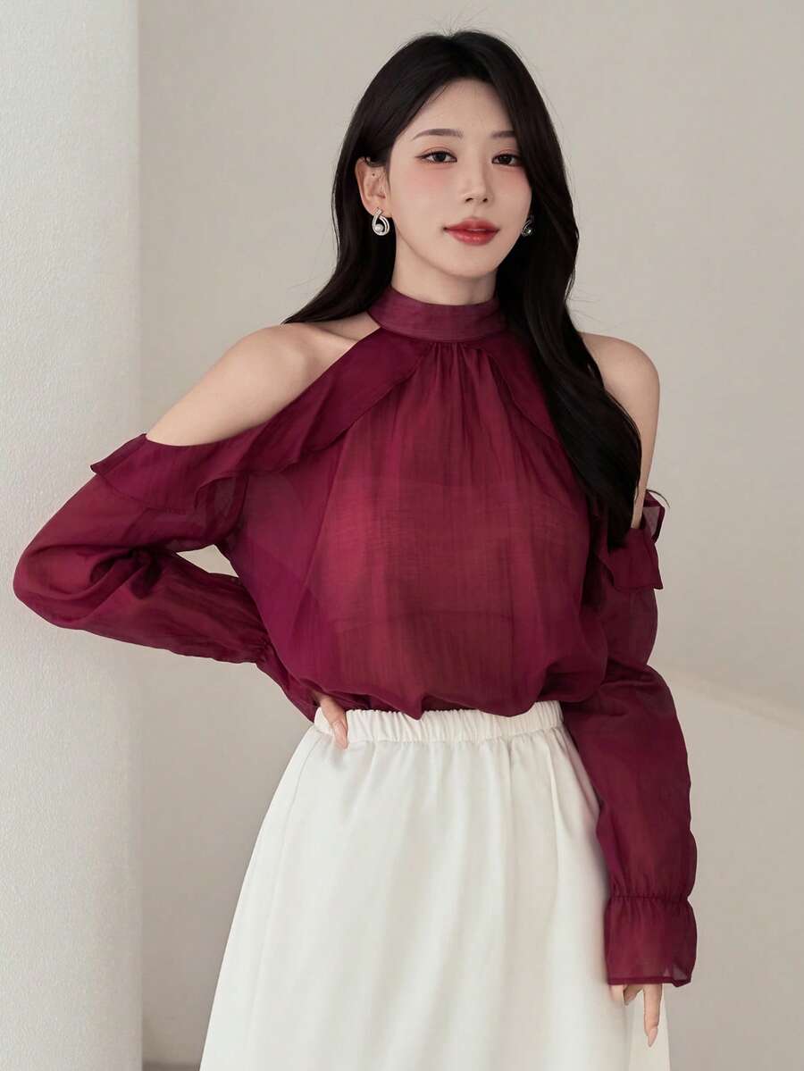 DAZY Top de verão suave estilo INS rosa com decote halter, manga comprida em chiffon, ombros descobertos e bainha com folhos, top elegante de férias para mulher - Roxa - Ver 1
