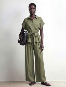 SHEIN Stylify Elegant Casual Teachers' Day New Style Women's Spring/Summer Olive Green Stand Collar Short Sleeve Textured Fabric Suitable For Daily Wear Work Office - Green - View 4
