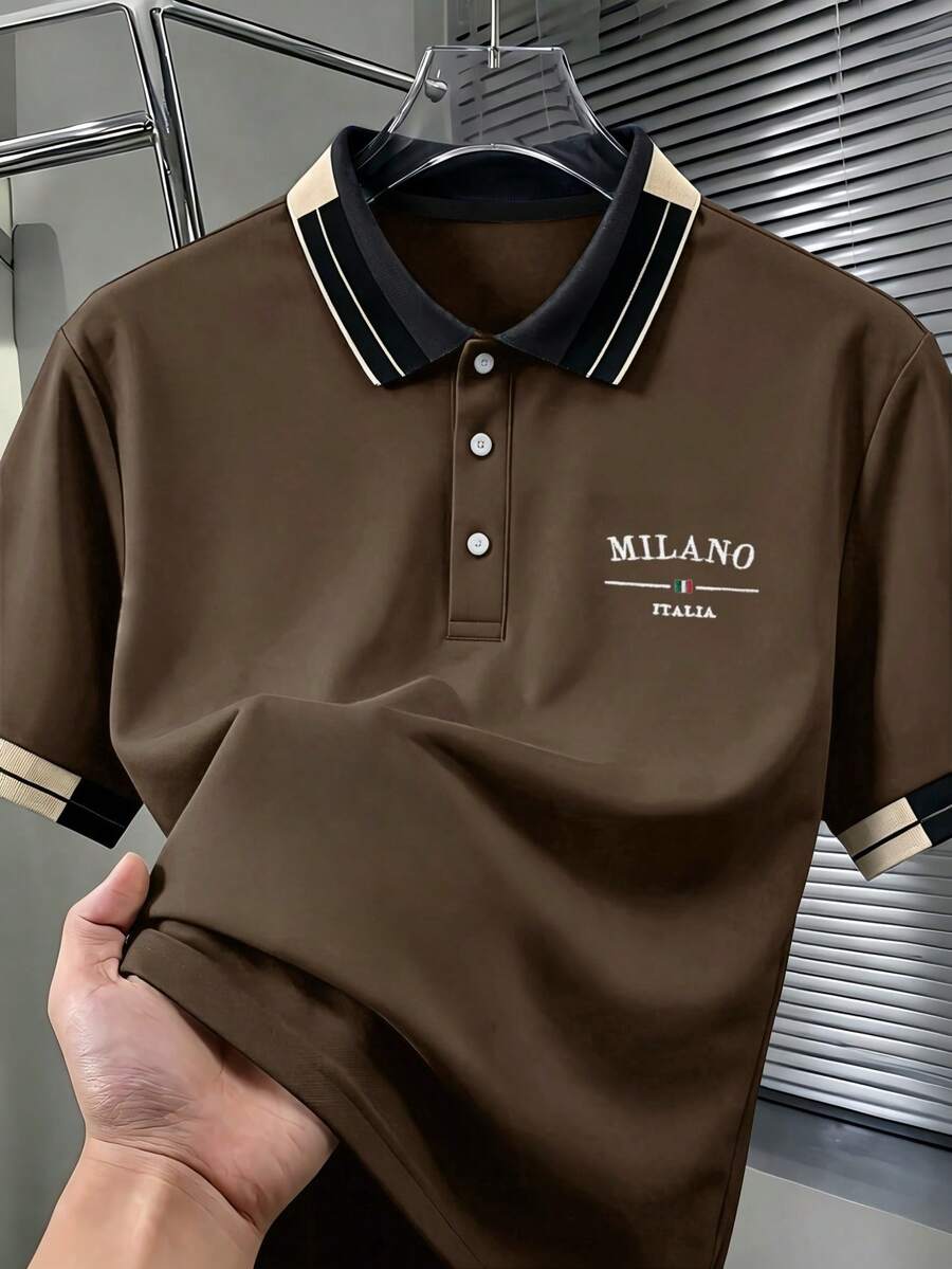Manfinity Homme 男士珠飾刺繡羅紋領短袖休閒 Polo 衫，儀式穿著 - 棕色 - 查看 1