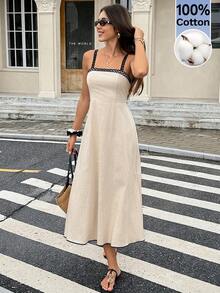 Serisse Damen Urlaubs Kontrast Farbe Casual Trägerkleid - Aprikosenfarben - Übersicht 5