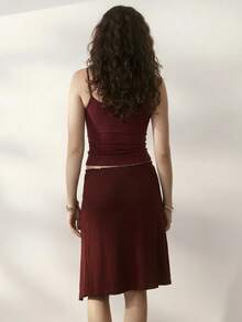 Aralina Women's Autumn Lace Waist Trim Detail Asymmetrical Hem Ruched Front Detail Holiday Vacation Beach Date Work Festival Knee Length Skirt Burgundy Casual - Burgundy - View 2