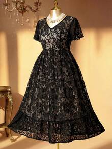 DreamSkyne Plus Size Elegant Lace Dress, Summer Maxi Women Outfit - Black - View 2