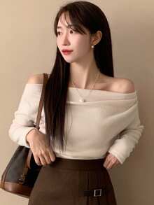 DAZY 女士纯色简约露肩垂坠T恤，适合日常穿着、秋季服装、返校服装长袖女式上衣 - 粉色 - 查看 6