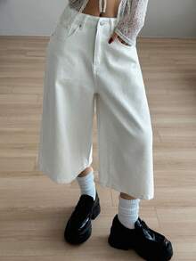 DAZY Celana Jeans Pendek Wanita Warna Putih, Longgar, Kasual, Model Lurus - Putih - View 2