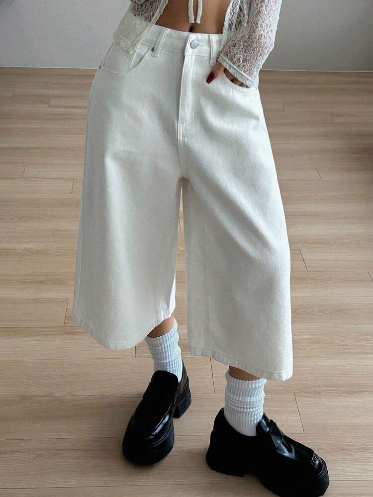Women's White Loose Casual Straight Leg Cropped Jeans Jorts