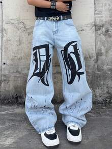 Manfinity EMRG Plus Size Men's Letter Print Button Half-Placket Pocket Casual Loose Wide Leg Jeans - Light Wash - View 5