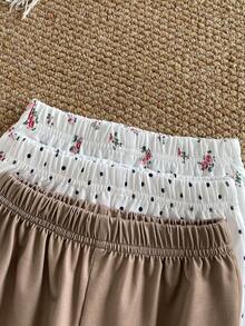 SHEIN Vintaside Kids 3套女嬰可愛粉色條紋波點花卉女孩圖案荷葉邊短袖柔軟T恤上衣與褲子套裝，日常春夏季 - 彩色 - 查看 7
