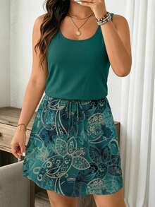 EMERY ROSE Romantic Floral Pattern Casual Minimalist Plus Size Tank Dress, Suitable For Summer Vacation And Party - Multicolor - View 1