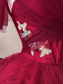 Lovelzi Elegant Light Green Mesh Strapless Bow-Tie Embroidered Floral A-Line Peplum Dress With Adjustable Back Tie,Suitable For Weddings,Proms & Graduations - Burgundy - View 5