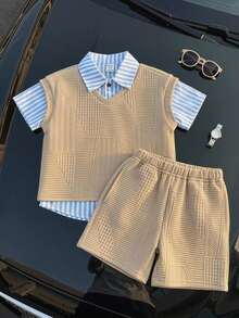 SHEIN Little Byeori 男童休闲校服套装（3件套）：背心、短裤、条纹衬衫，适合生日派对、晚宴、演出、婚礼、学校活动、洗礼、迎婴派对、春夏活动、郊游、情人节、约会、旅行、家庭聚会、返校、晚餐、运动等场合。 - 彩色 - 查看 7