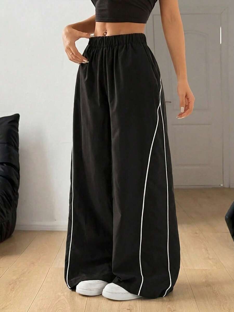 SHEIN PETITE 女款秋冬街頭風復古節慶外出返校基本日常穿搭必備黑色寬腿褲，適合嬌小女性