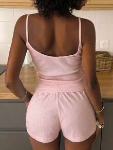 Livesso 2pcs/Set Pakaian Santai Musim Panas Wanita: Atasan Tank Top Camisole Tanpa Lengan Warna Polos dengan Tekstur Kain dan Celana Pendek - Berwarna merah muda - View 2