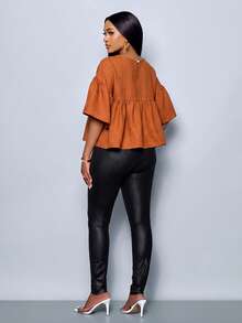 SOLERSUN Blus Peplum Wanita yang Menawan, Atasan Babydoll, Lengan Lonceng yang Mengalir, Potongan Longgar, Kontrol Perut, Warna Karat, Cocok untuk Kerja Kantor hingga Akhir Pekan yang Chic - Coklat - View 3
