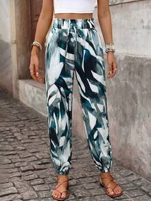Brillora Women's Geometric Pattern Random Print Paper Bag Waist Drawstring Long Pants Beach Light Blue And White Autumn Modest - Hunter Green - View 5