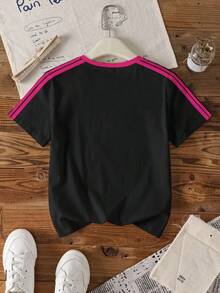 LOONEY TUNES X SHEIN Tween Girls' Casual Rabbit Print & Striped Patchwork Round Neck Short Sleeve T-Shirt, Summer - White - View 2