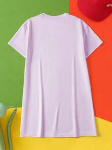 LOONEY TUNES X SHEIN Ropa de estar en casa con cuello redondo y manga corta con estampado lindo para niñas preadolescentes - Rosa - Ver 2
