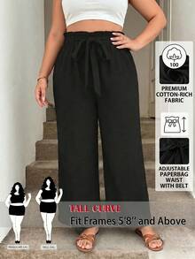 SHEIN Tall CURVE 大码女式纸袋腰带休闲黑色裤子 - 黑色 - 查看 2