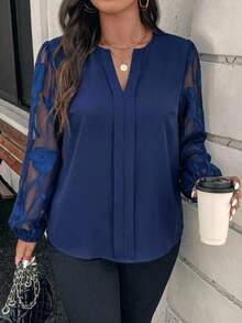 Reflora Plus Size Women's Notch V-Neck Lace Patchwork Business Elegant Shirt Formal Office Navy Blue Autumn,Graduation Outfit For Mother Fall - Blue - View 7
