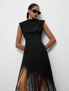 Maija Vestido midi de mujer con cuello alto, hombros anchos, bajo empoderador, flecos asimétricos, estilo vintage old money, estilo maestra, romántico, versátil, para verano, fiesta, playa, vacaciones, salida, ceremonia de graduación, blusa elegante, camisa casual, atuendo formal, trabajo, oficina - Negro - Ver 4