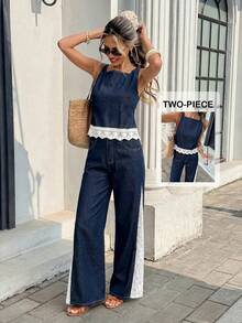 Serisse Ensemble décontracté en denim pour femmes avec gilet à col carré et pantalon - Bleu azur - Voir 8