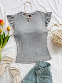 Soleia Camiseta de punto acanalado blanco con volantes WYWH Vacation - Gris - Ver 3