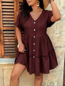 EMERY ROSE Plus Size V-Neck Textured Fabric Cap Sleeve Open Front A-Line Ruffle Multi-Layer Hem Casual Outing Vacation Commute Party Dress - Burgundy - View 6