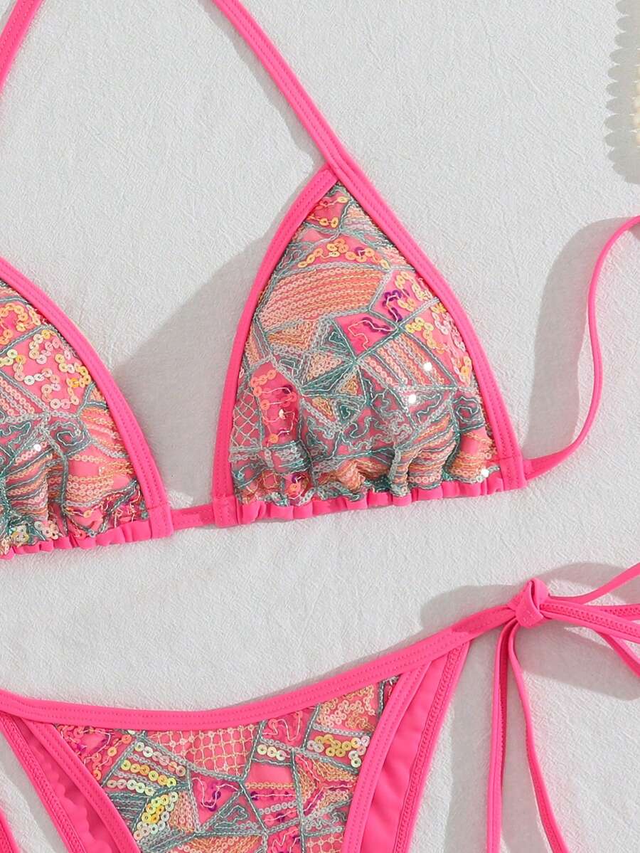 Costavie Swim Vcay 2件組 春夏度假亮片紋理面料掛脖三角比基尼上衣與側綁比基尼泳褲 性感女款泳裝套裝 - 玫紅色 - 查看 1