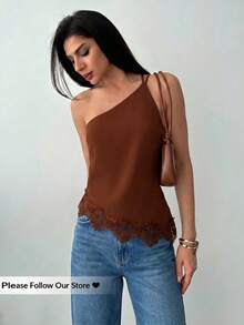 Firerie Spring/Summer New Minimalist Elegant Vacation Streetwear Apricot Linen One-Shoulder Backless Waist Ruched Asymmetric Hem Top - Brown - View 3