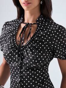 LYSMO Women's Polka Dot Pattern Tie Neck Short Puff Sleeve Blouse - Black - View 7