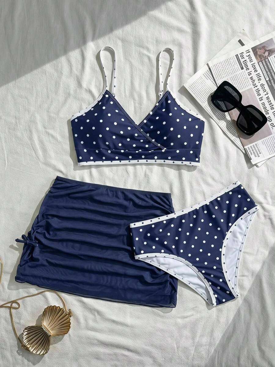 SHEIN Teen Girl Beach Vacation Turquoise Print Swimsuit Set With Cover Up Skirt 3-Piece Set Summer - Royal Blue - View 1