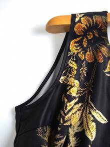 GlowEve CURVE Plus Size Round Neck Black And Gold Floral Pattern Buckle Metal Decor Spring Summer Women's Sleeveless Dress Evening Cocktail Party 1950s Vintage 70's - Black - View 8