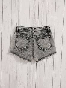 SHEIN Pantalones Cortos De Mezclilla Para Niñas Con Dobladillo Crudo Y Rasgado - Gris - Ver 2