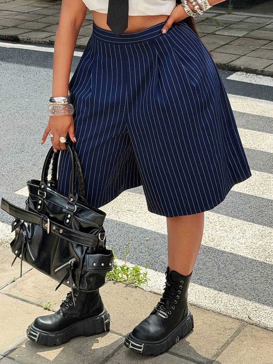 Viva Relle Plus-Size Sexy 90s Casual Formal Striped Shorts Back-To-School Graduation Navy Blue Summer - Navy Blue - View 1