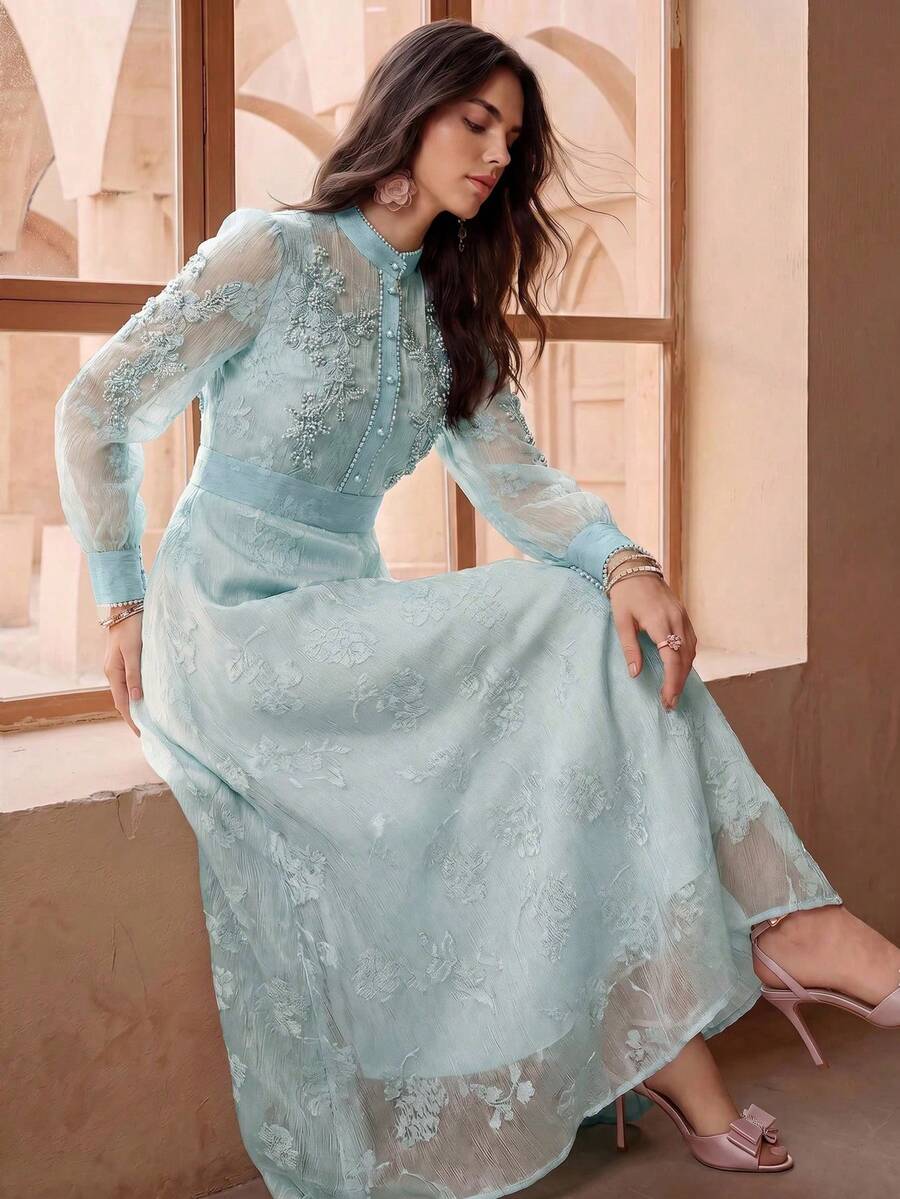 Anewsta Vestido camisero elegante de estilo cortesano y de moda, decorado con perlas y cuentas, cuello pequeño de pie, ligeramente transparente, manga larga, para mujer, primavera, verano, festival, graduación, elegante, atuendo para el Día de San Valentín - Celeste - Ver 1