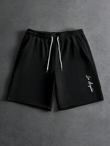 PAVTROS 男款抽繩腰字母印花休閒百搭日常旅行短褲 - 黑色 - 查看 6