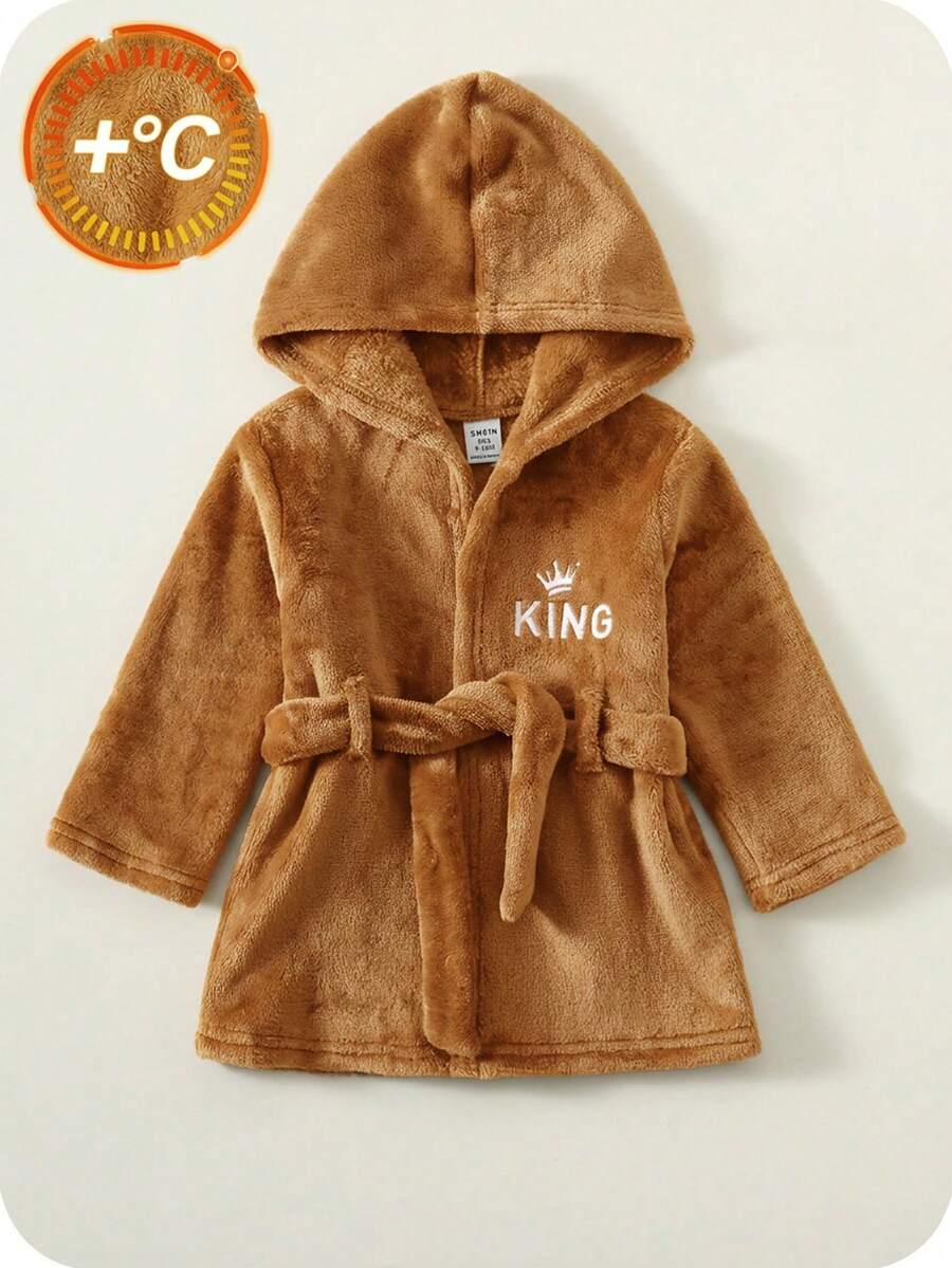 SHEIN 新生男嬰可愛秋冬款毛絨字母圖案藍色連帽家居浴袍睡衣 - 棕色 - 查看 1