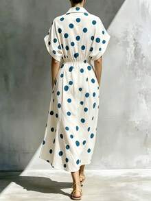 EMERY ROSE Women's Polka Dot Pattern Batwing Sleeve Casual Midi Dress - Blue and White - View 2