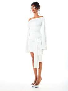 SUMWON WOMEN Slinky Jersey Off Shoulder Bell Sleeve Tie Waist Mini Dress Party Bodycon Style - White - View 6