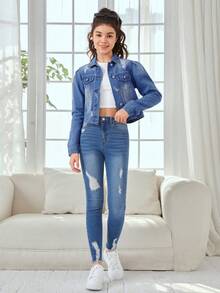 SHEIN 青少年女孩翻領單排扣破洞袖口休閒百搭日常牛仔外套 - 中等水洗藍 - 查看 5
