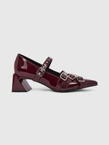 ROMWE Grunge Punk Elegant Pointed Toe Chunky Heel Lacquer Leather Pumps For Christmas Y2K 2000s Style - bright red - View 2