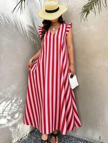 SHEIN LUNE CURVE 大尺碼女款V領條紋休閒日常外出洋裝 - 彩色 - 查看 3