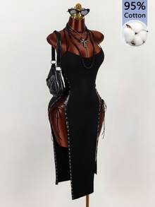 Amplova Damen Kleid in mittlerer Länge mit Spaghettiträgern, Ring-Detail, Schlitz und Bindeband - Schwarz - Übersicht 8