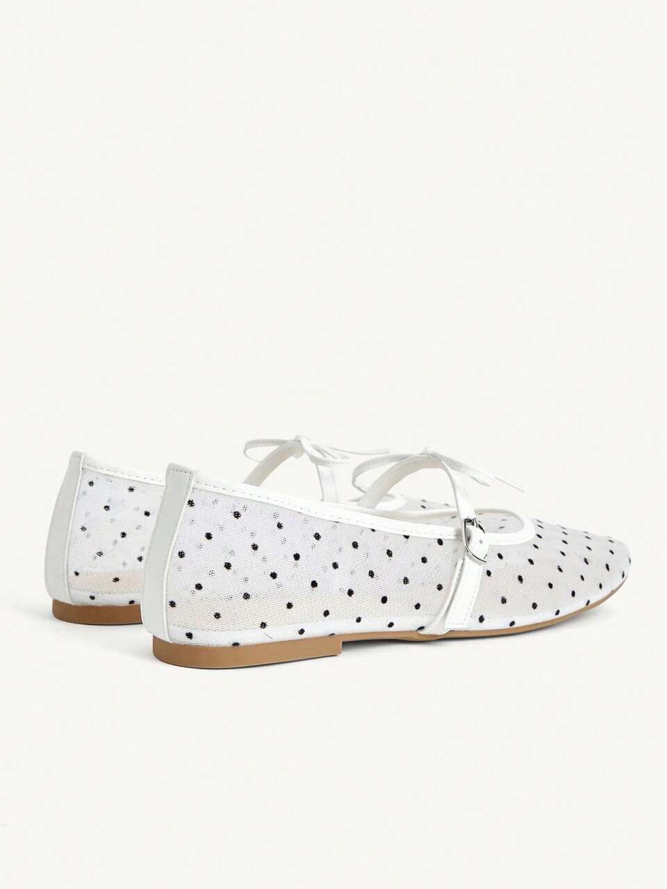 CUCCOO CHICEST Ladies Spring And Summer White Polka Dot Mesh Mary Jane Shoes Square Toe Flat Bottom Sweet Light Apricot Breathable Light Mouth Ballet Women's