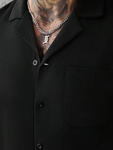 SLATEMANN 男士舒適仿亞麻素色面料短袖襯衫與抽繩彈性腰長褲套裝，經典單口袋襯衫，適合休閒度假、朋友約會、雞尾酒會、沙龍、聚餐、日常辦公、簡約商務，特別適合春夏季節，適合自穿或送禮給朋友 - 黑色 - 查看 6