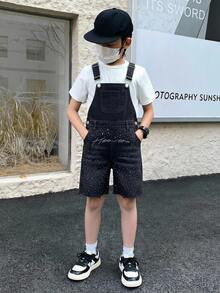 SHEIN Quần short denim dây rút dáng rộng thoải mái đính đá thiết kế phong cách đường phố cho bé trai tuổi teen - màu đen - Xem 6