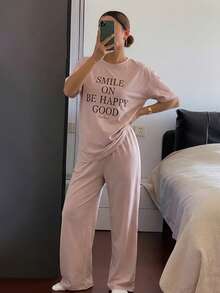 DAZY 女款字母印花寬鬆短袖上衣與長褲兩件式休閒套裝 夏季睡衣 - 粉色 - 查看 7