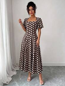 SHEIN Clasi Women's Square Neck Patchwork Split Design Cinched Waist A-Line Umbrella Hem Elastic Adjustable Sleeve Short Vintage Polka Dot Brown And White Dress - Coffee Brown - View 4