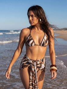 Anewsta Women's Summer Beach Party Print Halter Neck Tie Sexy Tropical Fashion Bikini Two-Piece Swimwear Set With Cover Up Skirt Brown - Multicolor - View 8