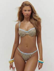 Musera Resort Bas de bikini rayés avec bordure en dentelle et détail de nœud, uniquement pour l'été, la plage, les vacances et le quotidien - Bleu azur - Voir 3
