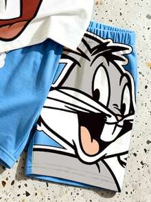 LOONEY TUNES X SHEIN GraphicGems 男嬰藍白配色拼接卡通印花T恤短褲寬鬆休閒兩件套 - 藍色 - 查看 3